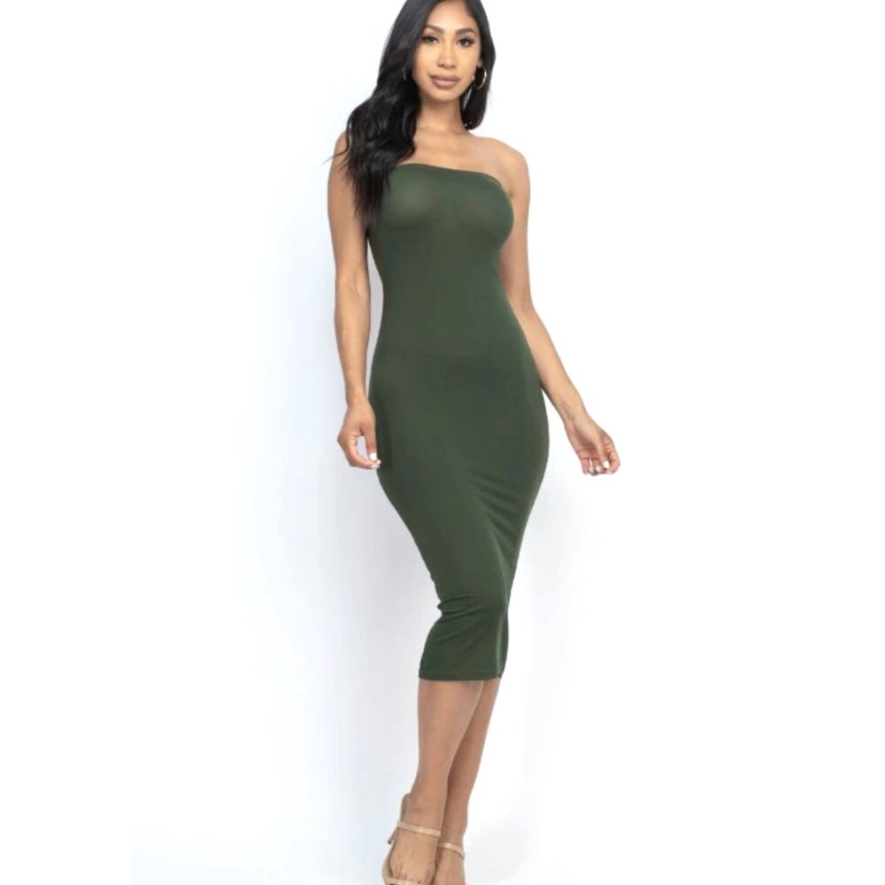 Capella Olive Strapless Tube Bodycon Midi Dress S